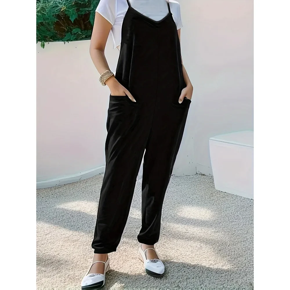 حجم كبير 1XL-5XL جديد الأوروبية والأمريكية المرأة الحمالة السراويل مع حزام الظهر حللا الجيب العصرية