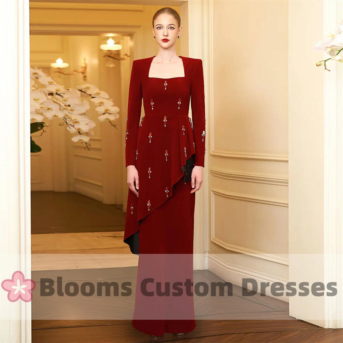 Blooms New Year Velvet Customized Evening Dresses Beaded Draped Waist Long Sleeves Formal Dress For Prom Back Slit Party Gown