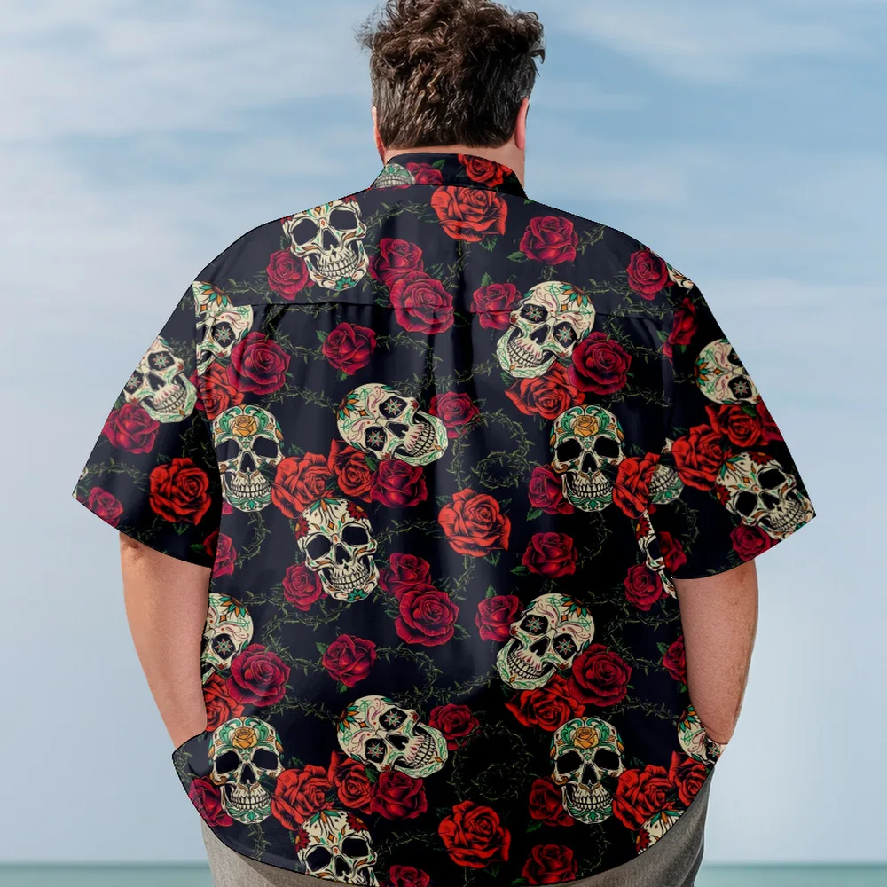 L-7XL Men's Hawaiian Short Sleeve Shirt Loose Large Size Summer Black Skull Print Beach Wear Clothes