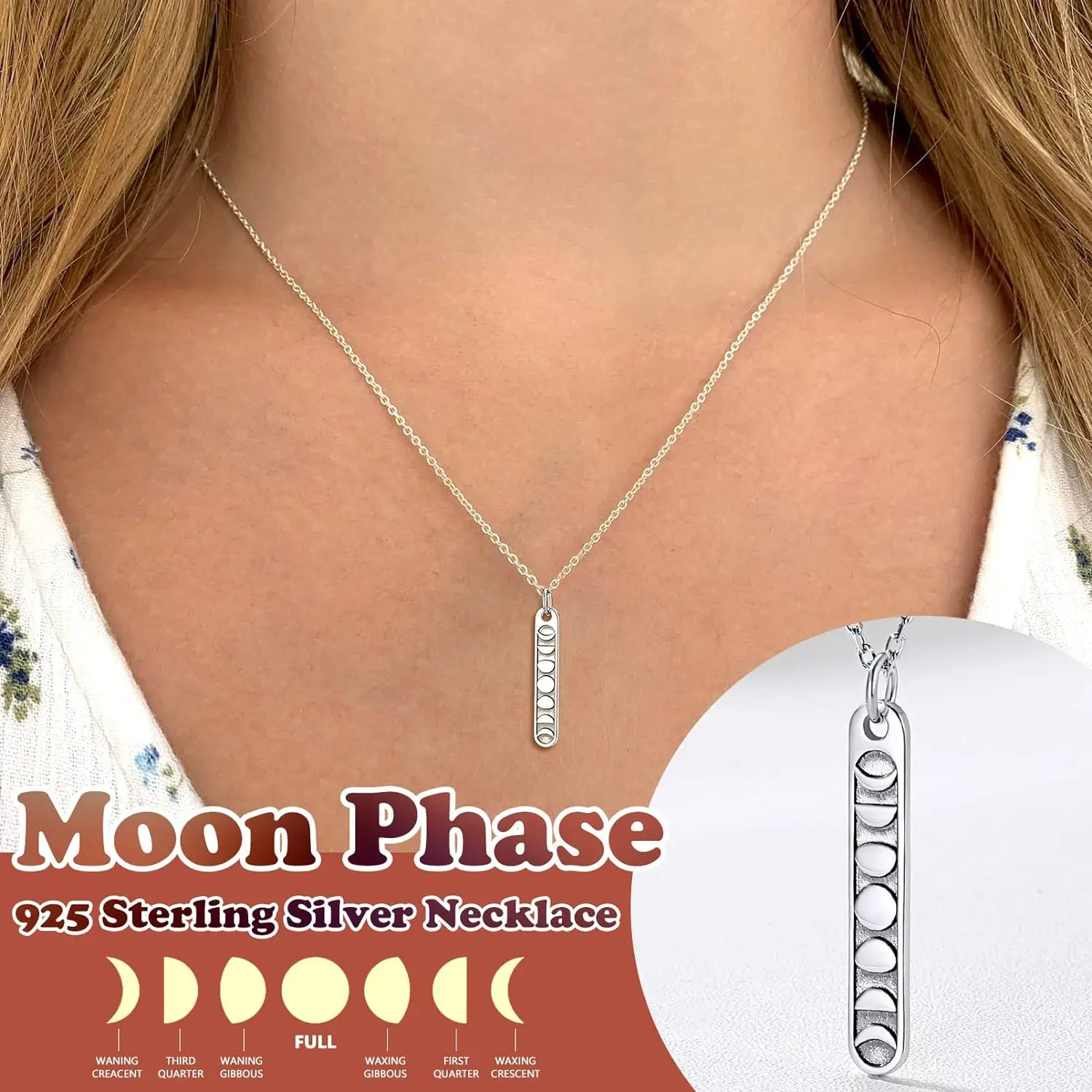 Collar con colgante de fases de luna de plata esterlina para mujer y niña, joyería de ley