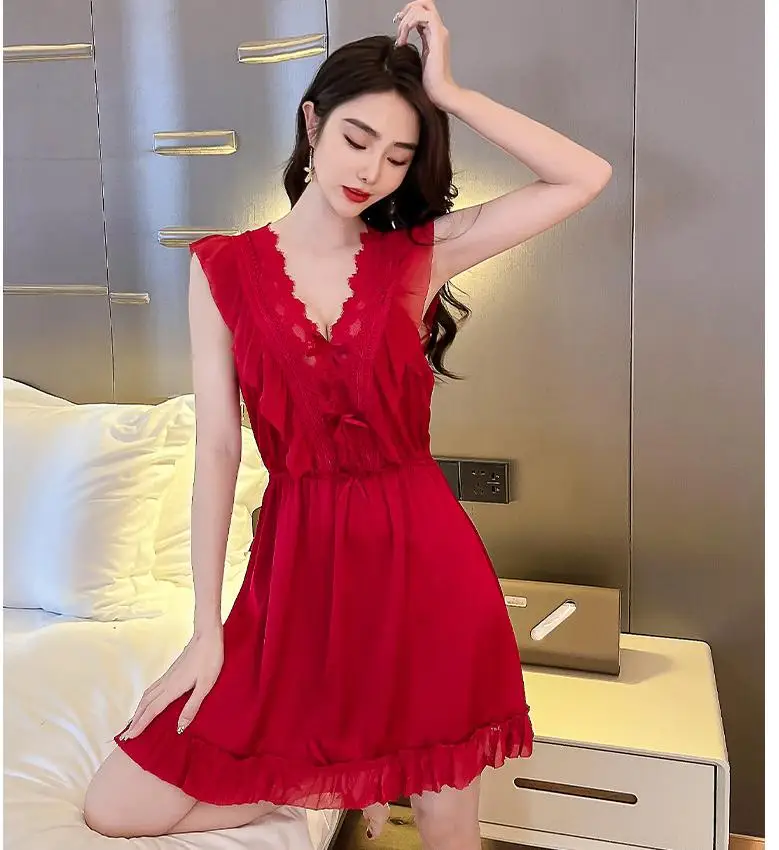 

V-Neck Lace Nightgown Women Nightdress With Bow Sleepwear Nighty Gown Summer Sexy Lady Silky Satin Robe Nightwear Home Dress