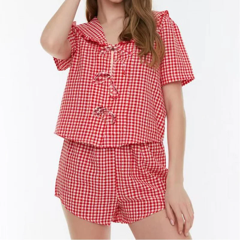 

2025 хит продаж, весна-лето AliExpress, новый клетчатый комплект с большим воротником и галстуком с короткими рукавами в европейском и американском стиле