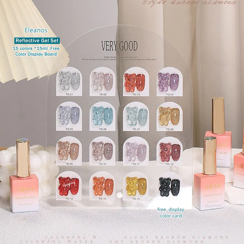 Eleanos 15ml reflektieren der Glitzer-Gel-Nagellack mit Farbkarten-Glasflasche funkelnde Pailletten UV-Gel-Kit für die Maniküre einweichen