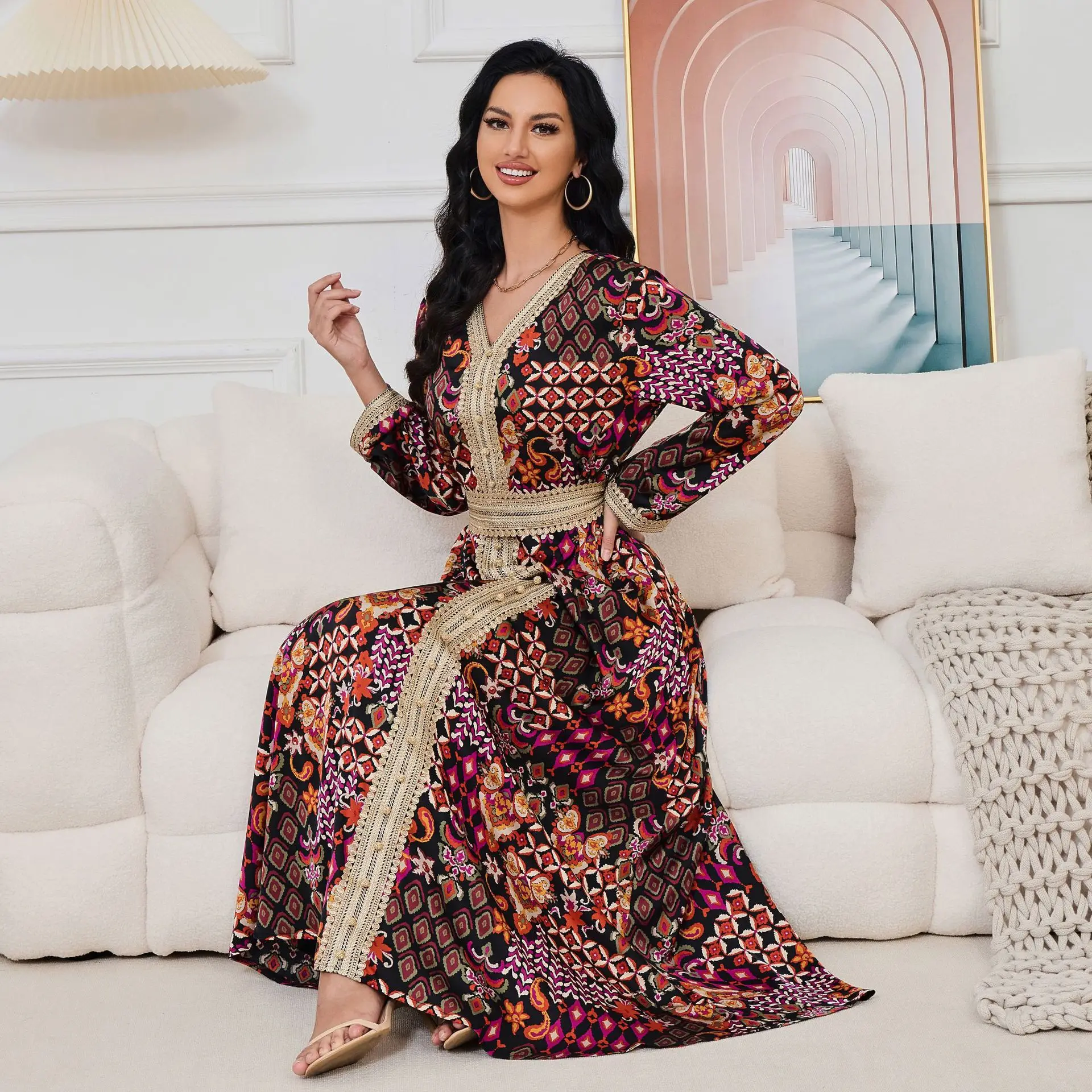 Eid Classy Muslim Women Robe Ramadan Morocco Printed Party Dress Dubai Long Sleeves Casual Abayas Lady Formal Banquet Kaftan New