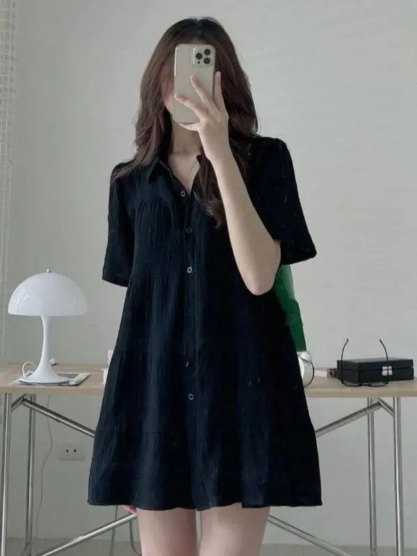 

plus Size Women's Summer Shirt Dress Loose A-Line Short Skirt Single Button Design Breathable Polyester Fiber Casual Wear