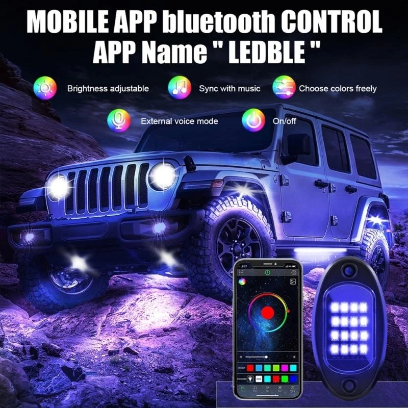 Waterproof Car Underglow RGB LED Rock Lights Chassis Decorative Music Lamps