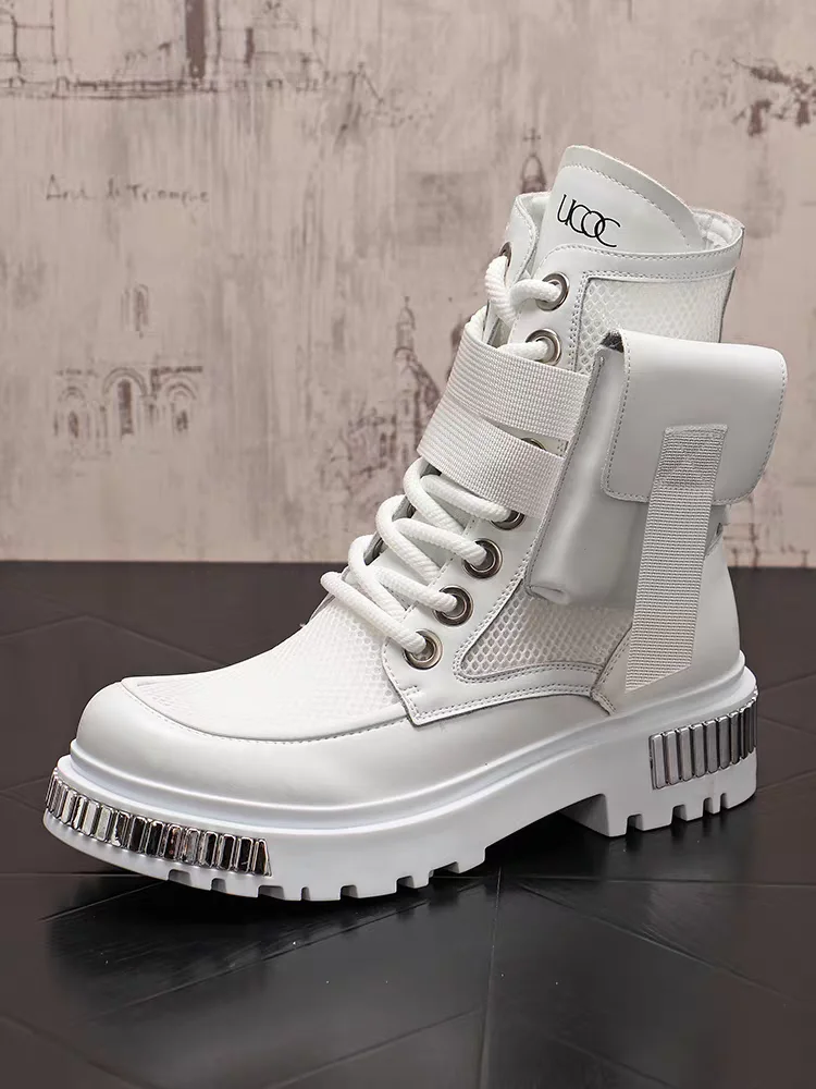 

New Men's Thin High-Top New Mid-Calf Motorcycle Height Increasing Insole Summer Ankle Boots Hollow out