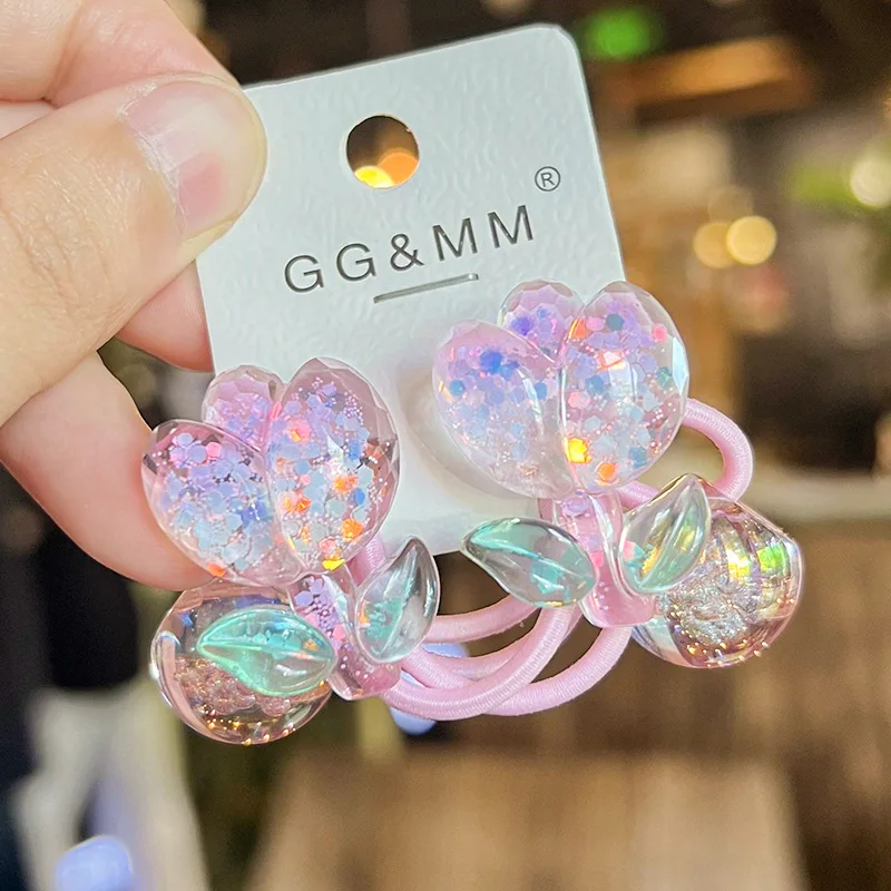 2PCS Gradient Colored Flower Bubble Beads Girls Elastic Hair Bands Princess Hair Accessories Children Hair Ties Baby Headwear