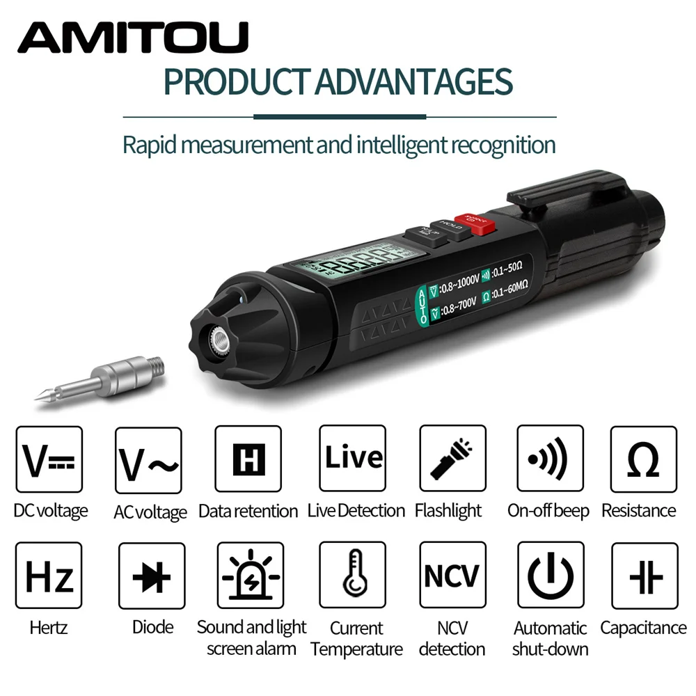 AMITOU A3007 6000 Counts Professional Digital Pen Multimeter NCV AC/DC Voltage Ohm Diode Tester Smart Pen Type Voltage Detector