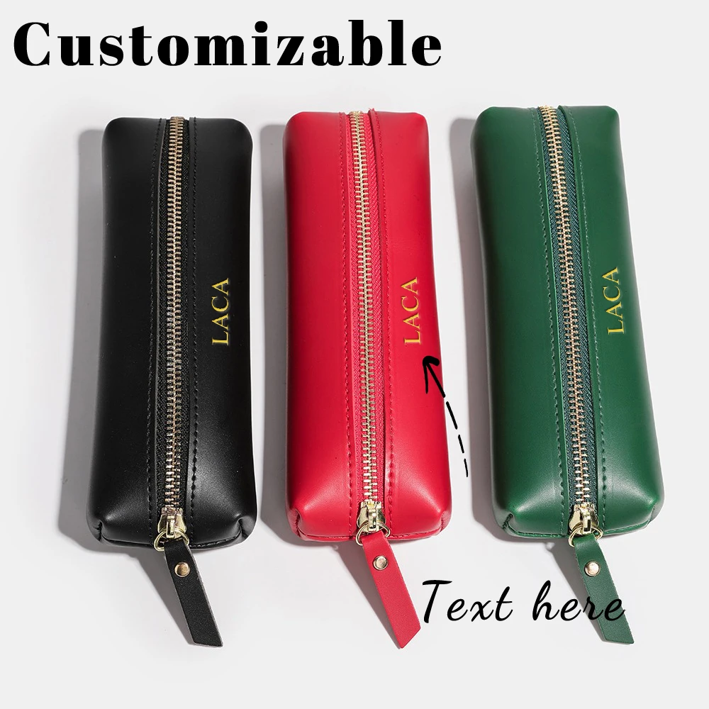Sac à stylos en cuir personnalisé avec grande capacité, couleur unie, fermeture éclair, sac de papeterie pour le rangement portable des pinceaux de maquillage