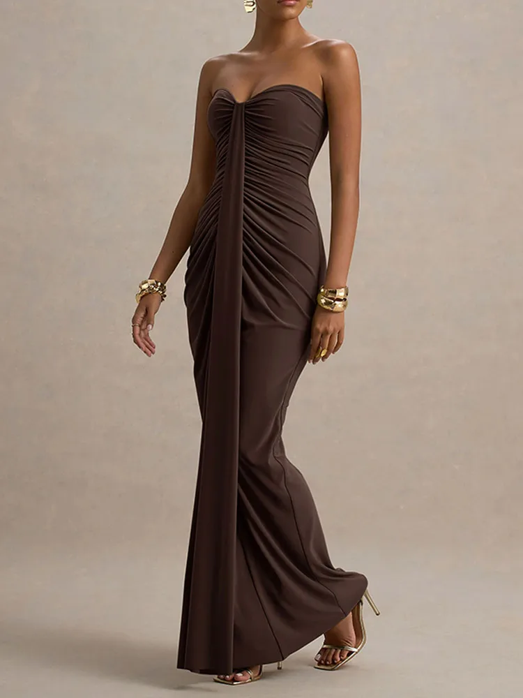 

Women Solid Pleated Strapless Fishtail Dress Sleeveless Ribbon Off Shoulder Slim Long Robes Lady Holiday Party Vestidos