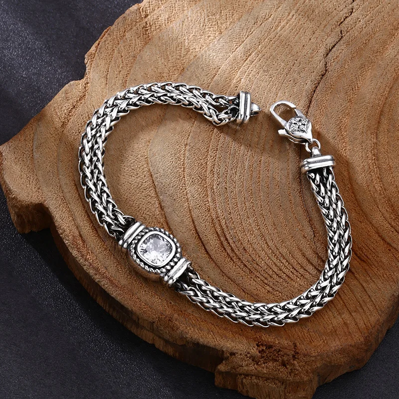 

925 sterling silver bracelet, finely woven zircon bracelet, domineering trendy thai silver retro distressed jewelry