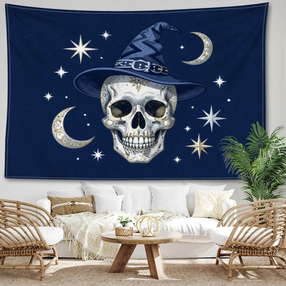 Navy Blue Skull Witch Hat Star Moon Halloween Wall Tapestry, Spooky Decor