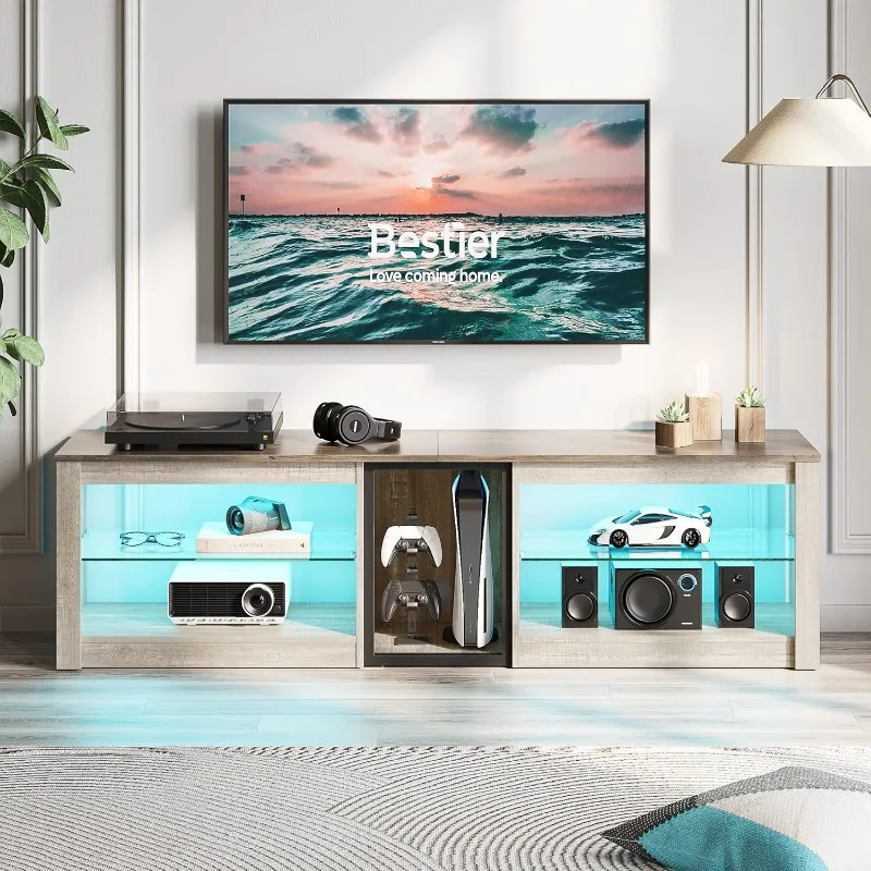 TV Stand for 70 inch TV, Gaming Entertainment Center for PS5, LED TV Cabinet with Glass Shelves for Living Room