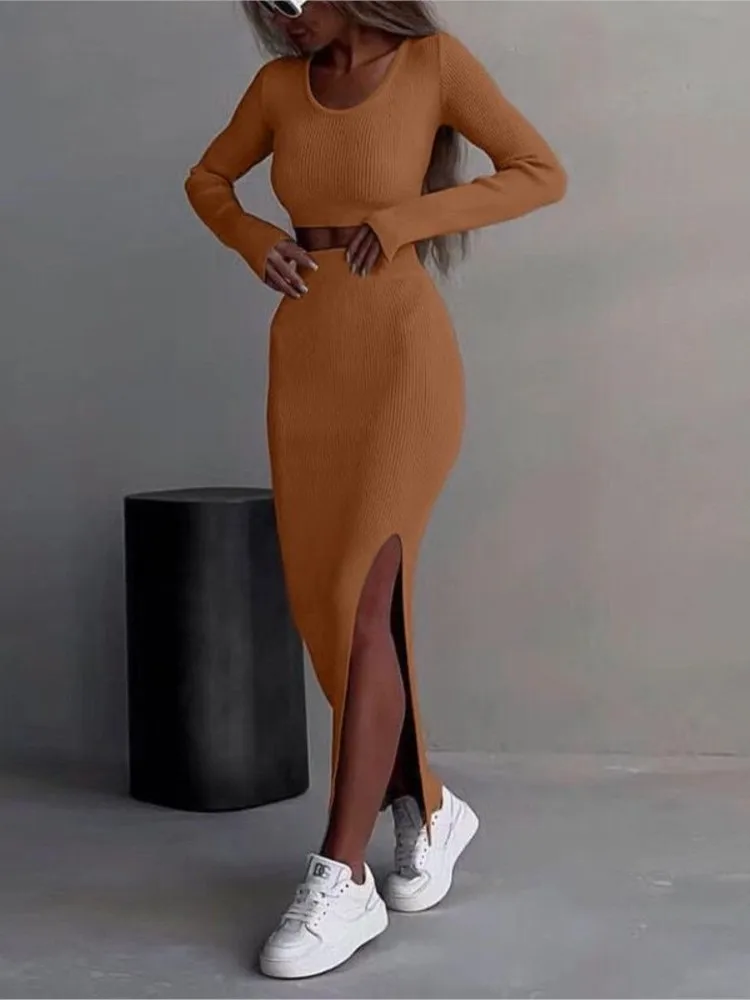 Sexy Half Length Skirt Two-piece Set Autumn Winter Women's Fashion O-neck Long Sleeves Top Stretch Hip-hugging Skir Knitted Suit