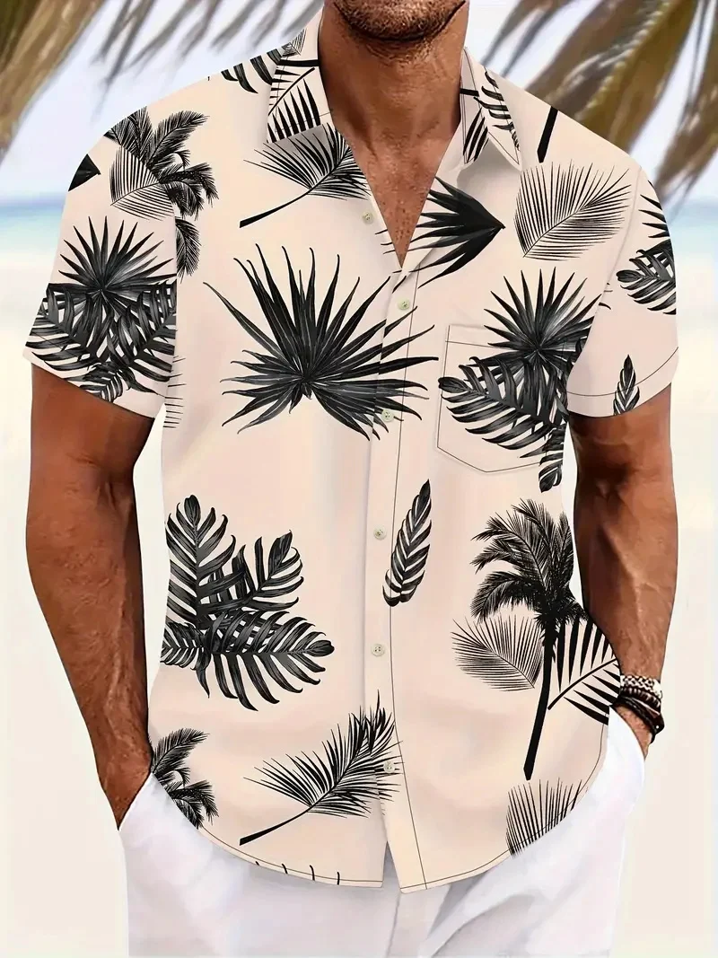 Men\'s large size Hawaiian lapel shirt with fashionable leaf pattern print, suitable for summer leisure beach, pool and resort