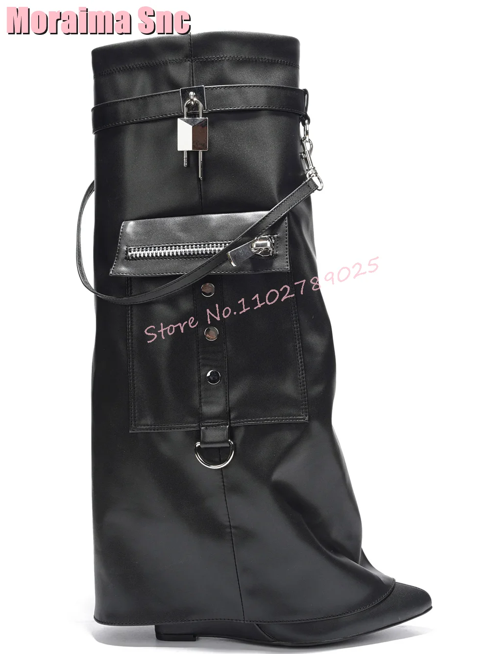 Pocket Padlock Turned-Over Edge Knee High Boots Pointed Toe Wedges Black Fashion Unique Women Long Boots Side Zipper Winter 2023 image 4