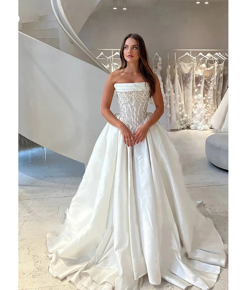 

MCDV Customized Graceful Satin A-Line Pearls Beading Crystal Evening Dress Delicate Strapless Sleeveless Women Wedding Gowns