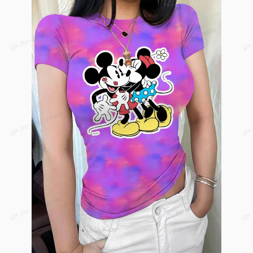 Tops de manga curta do Mickey Mouse feminino, gola redonda, camiseta de forro duplo, ajuste fino, camiseta básica, nuvem de fumaça, coleção profissional