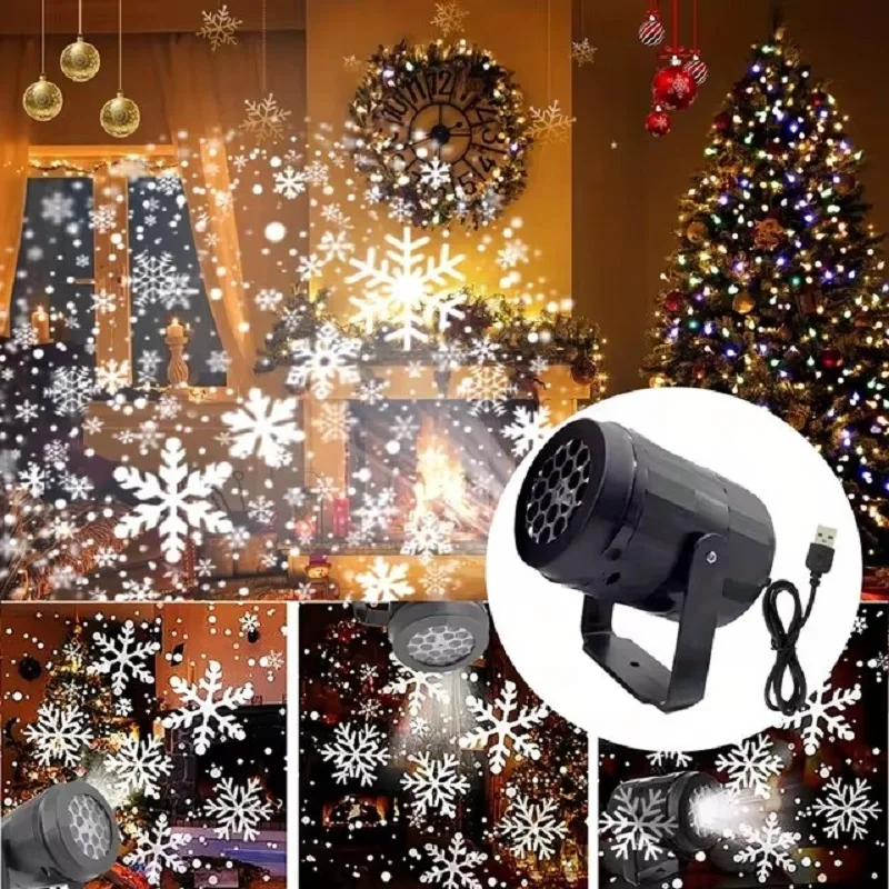 LED Snowflake Projector Lamp Fairy Night Light 360° Rotating USB Projection Lamp Home Christmas Festivals Party New Year Decor