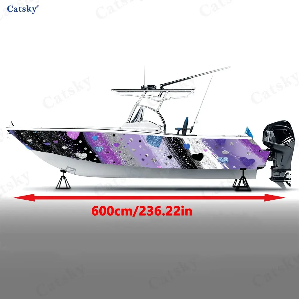 Vibrant Silver Heart Graffiti Boat Stickers, PVC Waterproof Vinyl Wrap Decals for Fishing Boats, Durable and Stylish Design