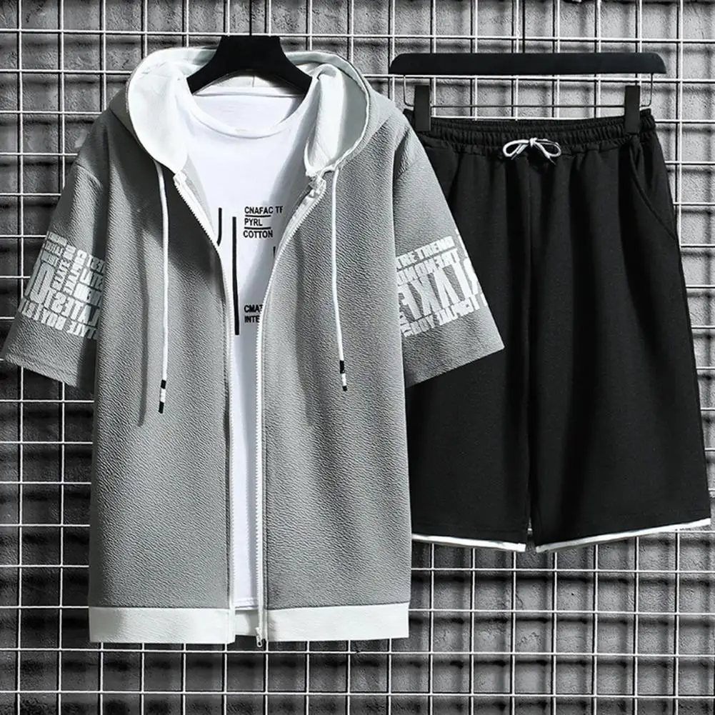 1 Set Cool Two Pieces Set Male Men Sportswear Set Loose Hooded Top Pockets Shorts  Drawstring