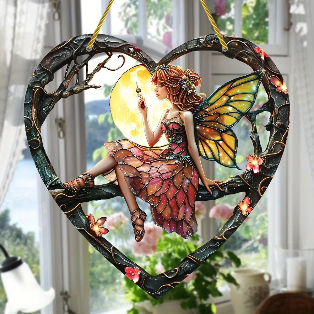 Cute Magical Butterfly Flower Fairy Suncatcher Stained Acrylic Heart Shape Hang Ornament Home Office Garden Outdoor Decoration