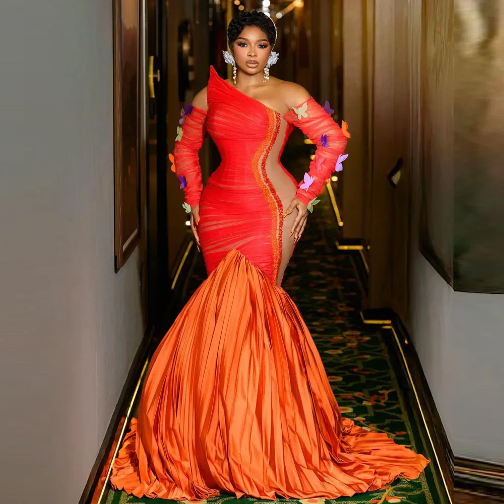 Contrast Color Plus Size Evening Dresses Fff The Shoulder Beads Sequins Draped Mermaid Prom Dress With Butterfly