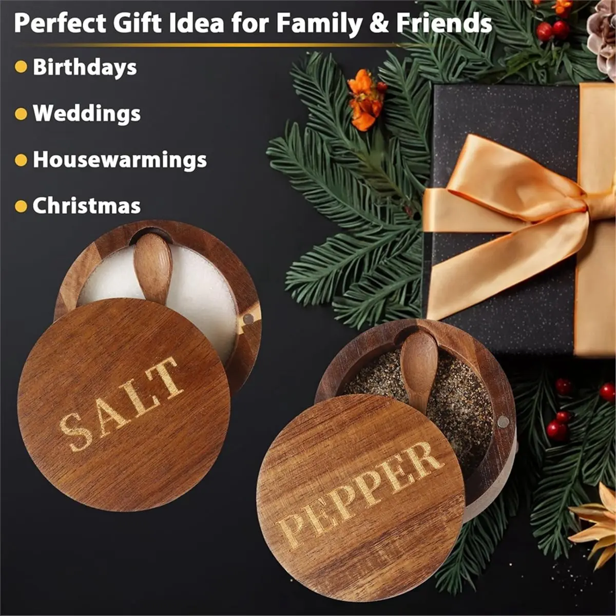 Salt Cellar,Salt and Pepper Set,Wood Salt Container with Built-in Spoon Lid,Salt Holder for Countertop Seasoning Storage