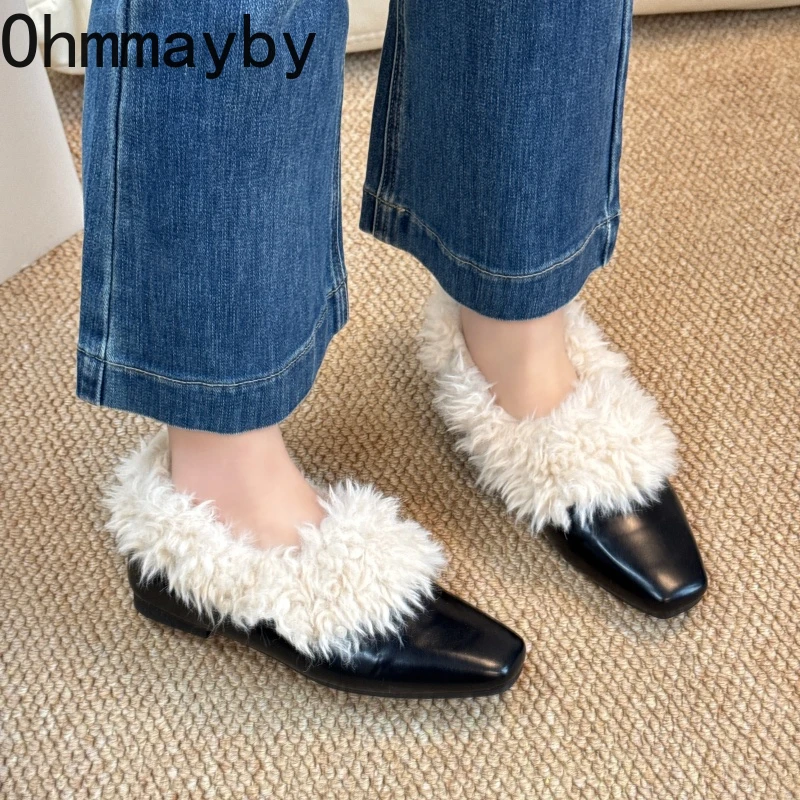 2026 Spring New Women Faux Fur Mary Jane Shoes Fashion Shallow Slip On Leather Shoes Female Elegant Low Heel Dress Pumps view 2