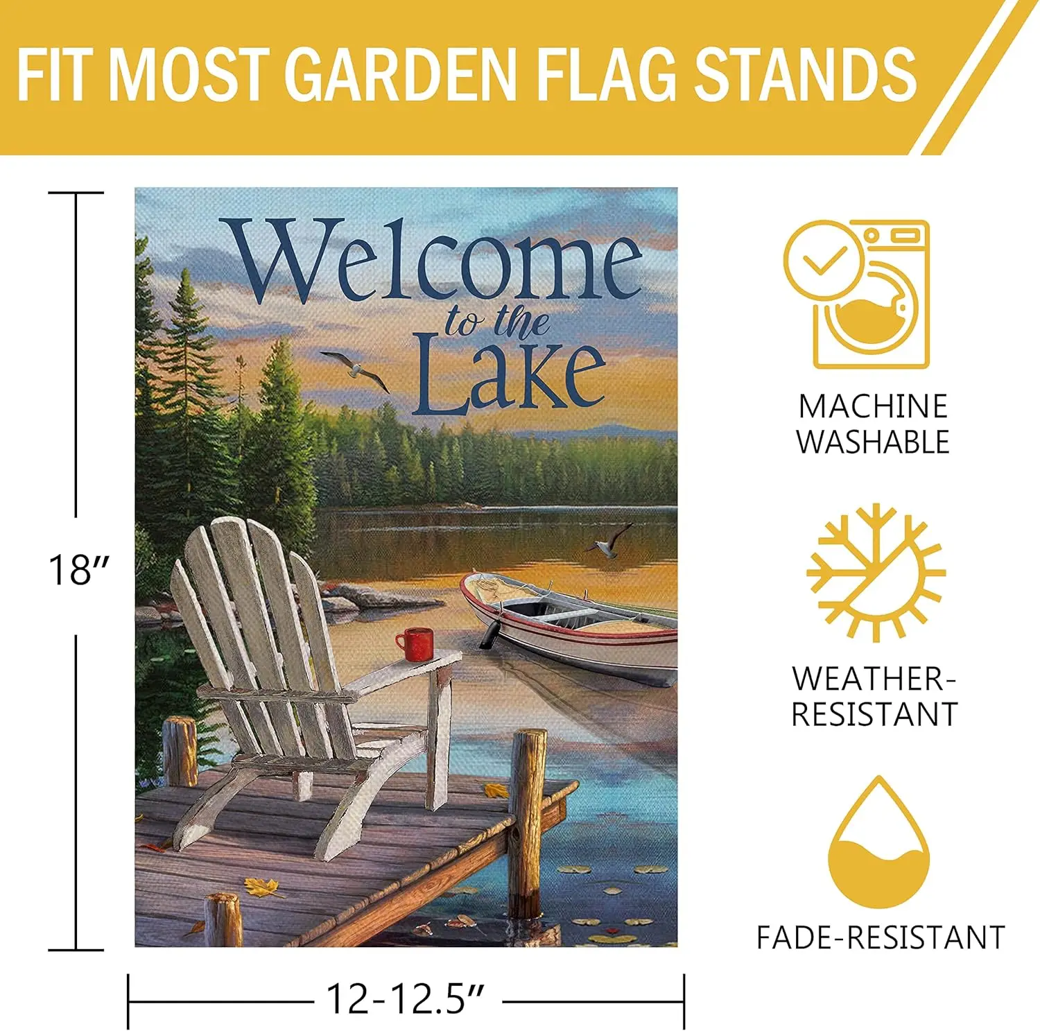 Summer Spring Welcome to the Lake Adirondack Chairs Small Decorative Garden Flag, Lakeside Boat Ocean Yard Outside Burlap Decora