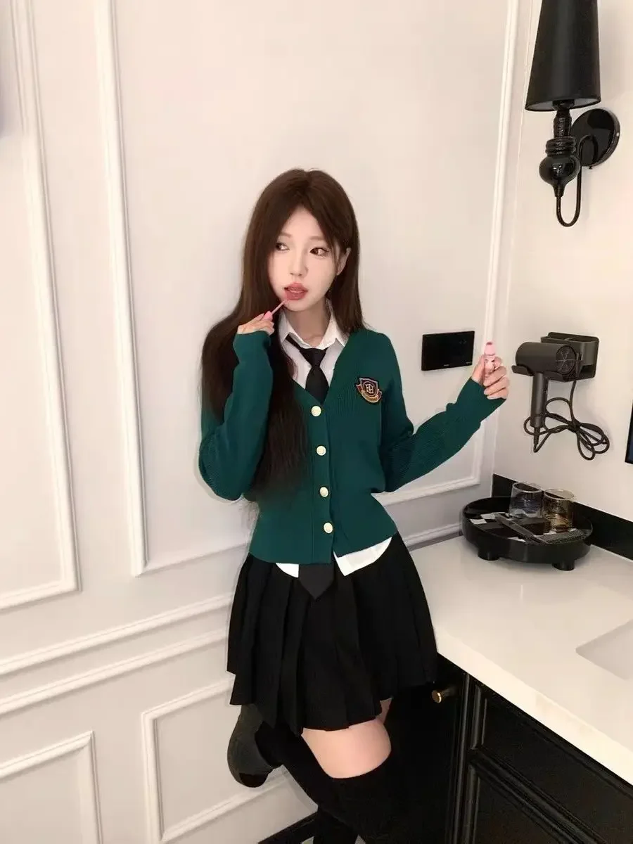 College Style Shirt Suit Autumn And Winter Sweet Spicy Knitted Cardigan Pleated Skirt Jk Uniform Korean School Uniform Set