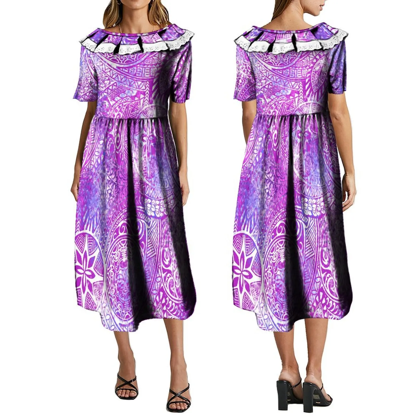 

2024 Summer Customized Women's Dress Polynesian Ethnic Tribe Retro Design Long Dress Elegant Lotus Collar Dress