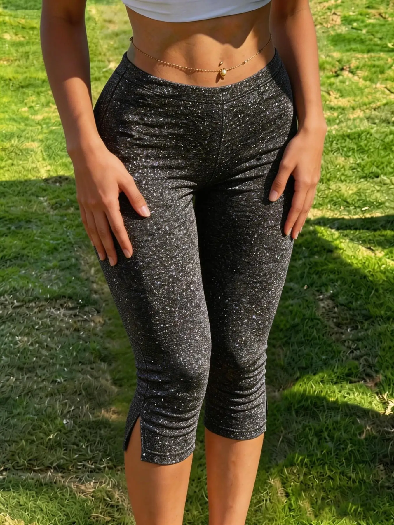 Women Fold Over Waistband Capri Leggings Low Rise Split Hem 3/4 Length Skinny Pants Casual Summer  Fitness Running Pants