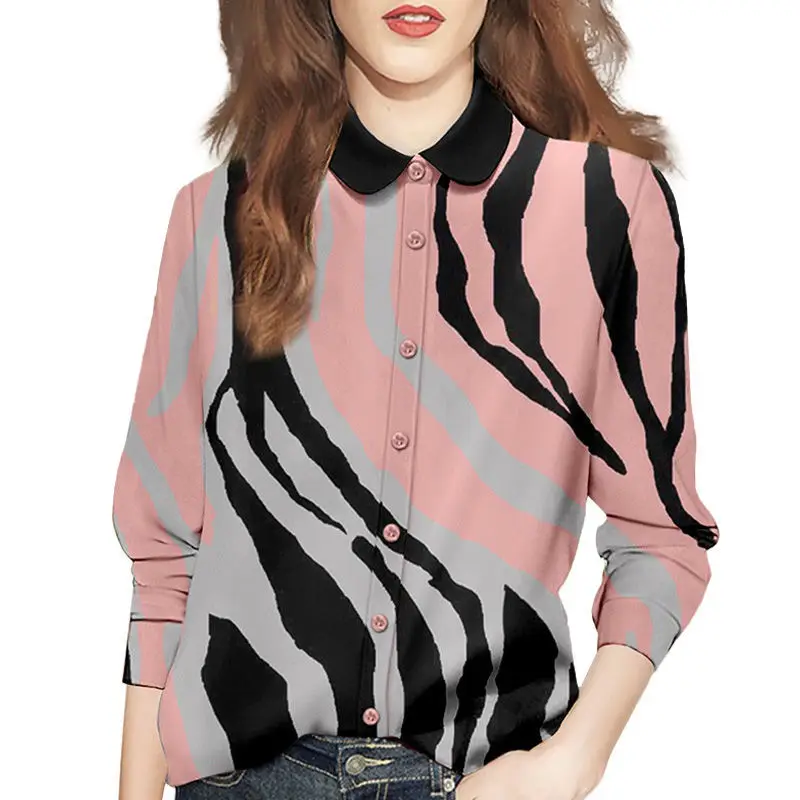 Spring Autumn Women\'s New Fashion Contrast Color Printed Long Sleeve Spliced Polo Neck Button Cardigan Loose Commute Shirt Tops