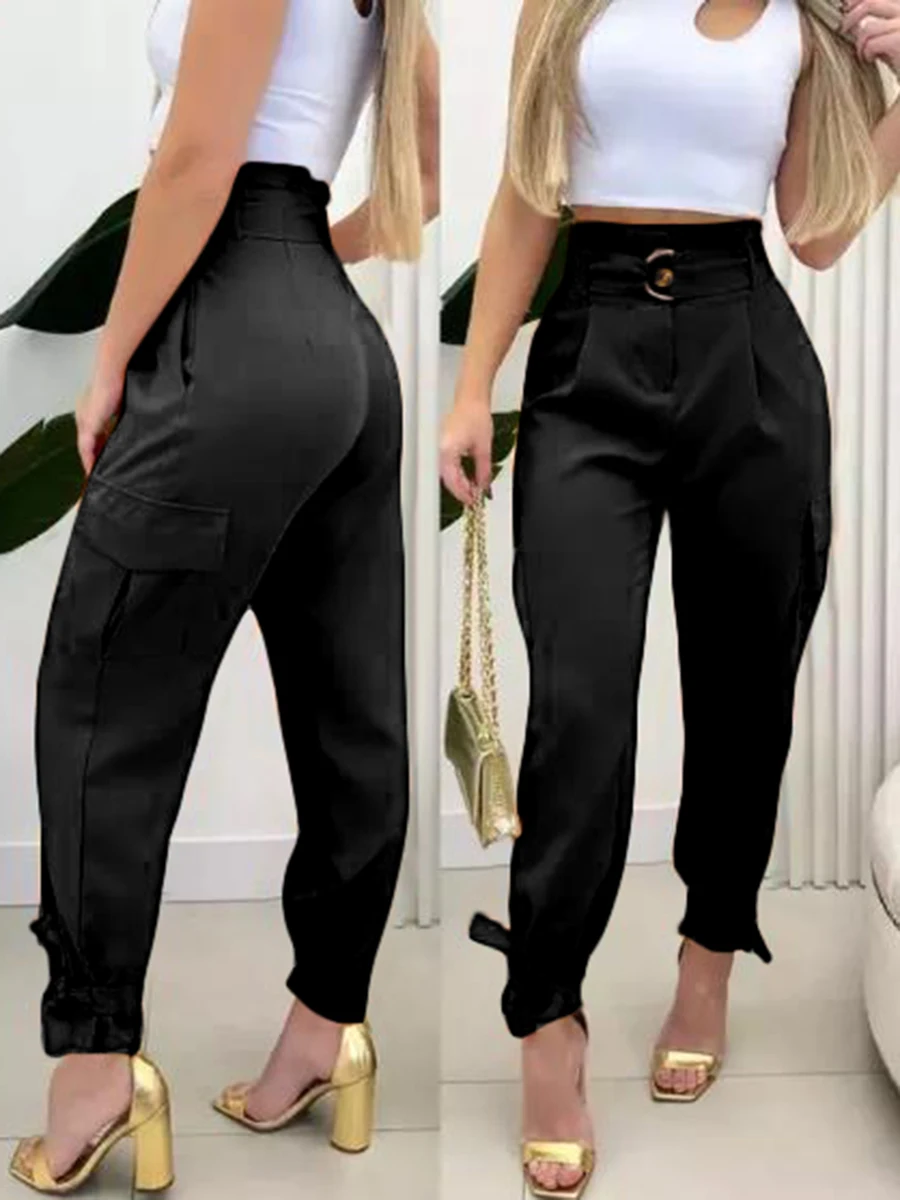 Women High Waist Cargo Pants Casual Pockets Long Trousers Fashion Solid Streetwear Joggers Tie Ankle Female Autumn Bottoms New