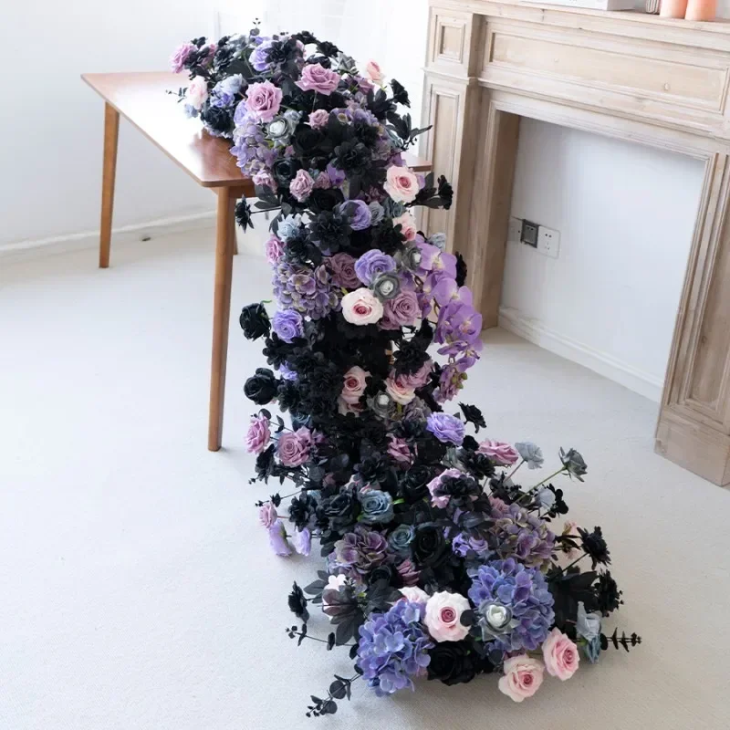 Black Purple Artificial Flowers Runner Wedding Background Banquet Table Centerpiece Flower Arrangement Birthday Party Flower Row