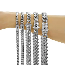 6-14mm Bling Silver Color Stainless Steel Cuban Miami Chains Necklace CZ Zircon Box Lock Link Chain for Men Hip Hop Rock jewelry