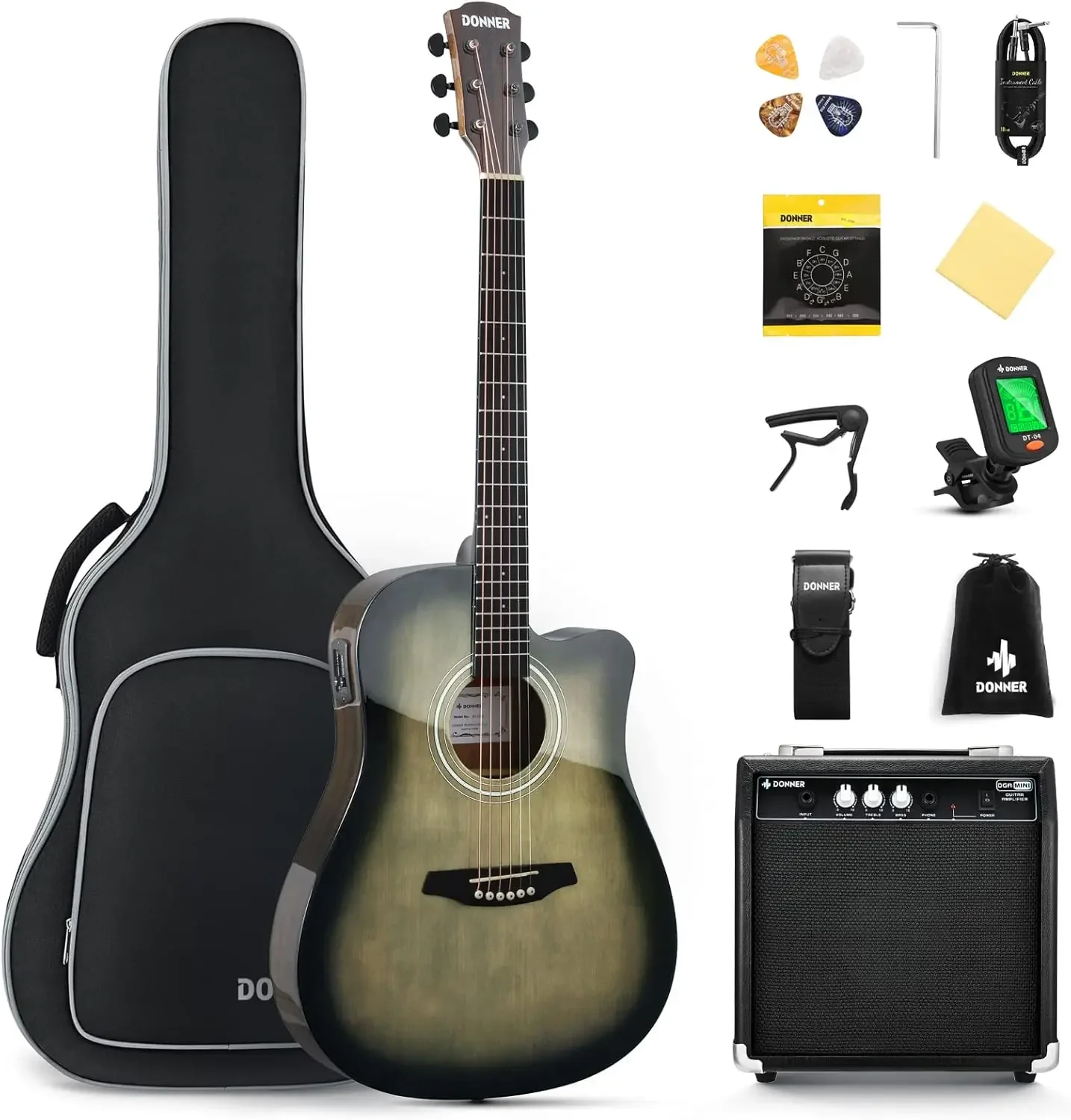 Acoustic Electric Guitar Full Size Kit for Beginner Intermediate with Amplifier Capo Pick Tuner Strings Strap - 41 Inch