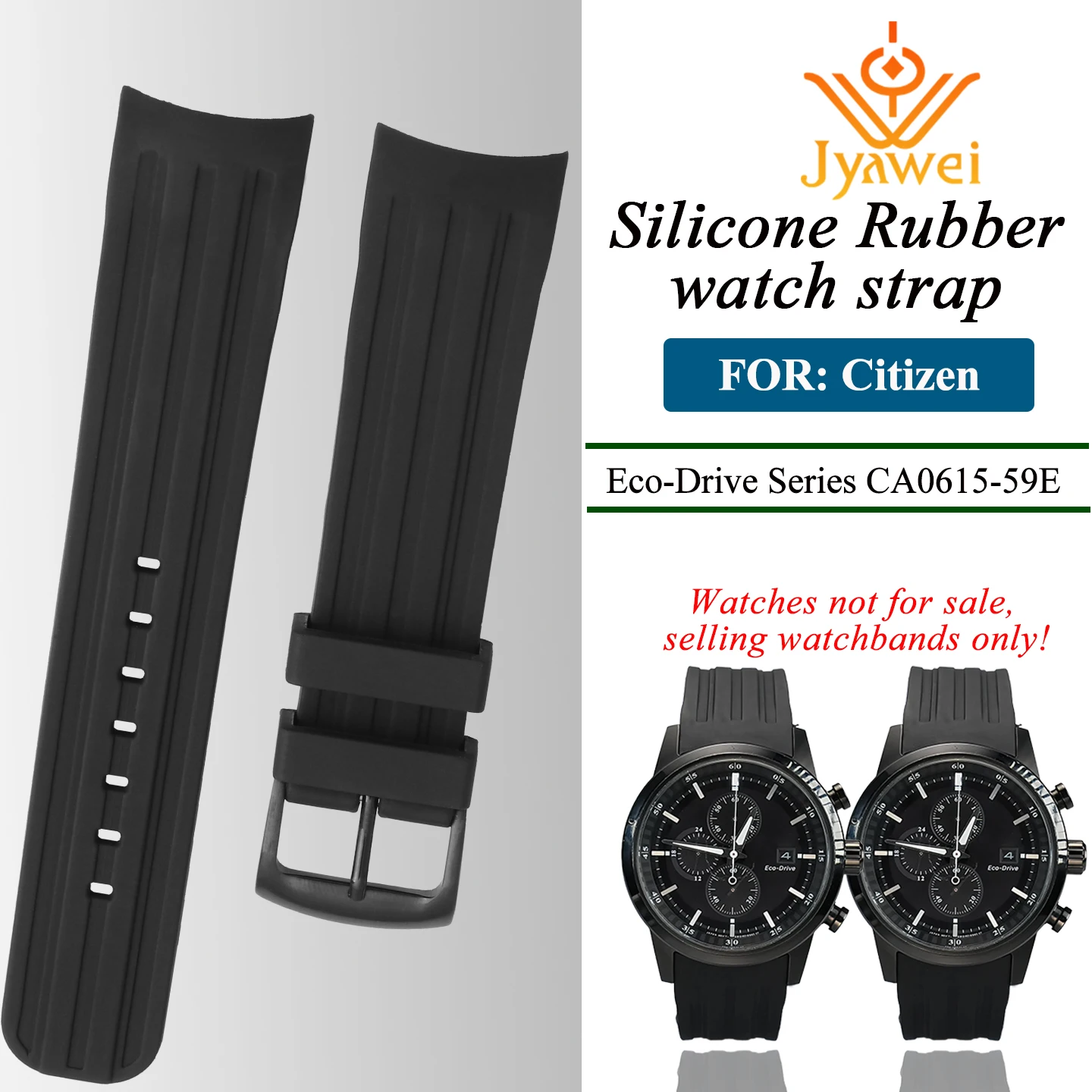 Silicone watch strap for Citizen Eco-Drive Watch Series CA0615-59E arc-shaped rubber watchband 22mm black Waterproof wristband