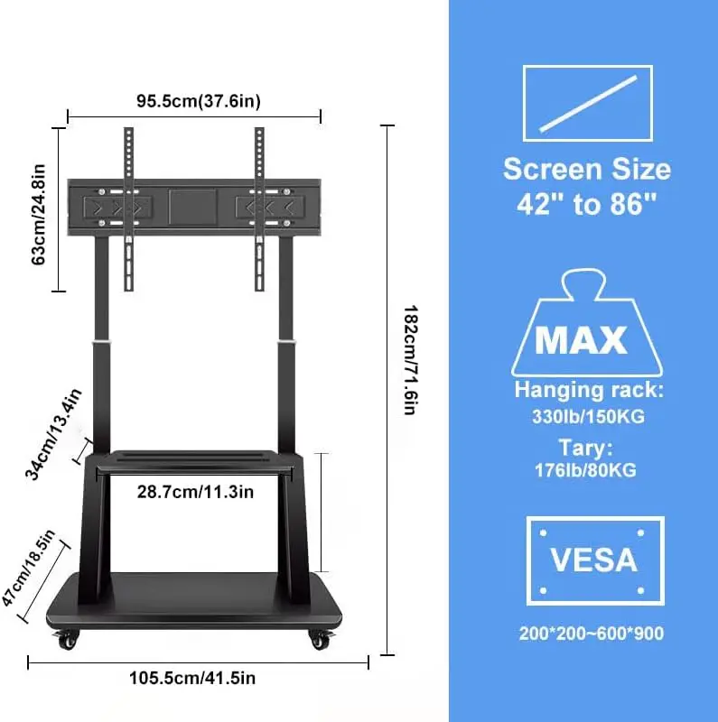 Телевизионная тележка, вращающаяся тележка на колесах, регулируемая по высоте сверхмощная напольная подставка для 42-86-дюймовых плоских панельных экранов со светодиодной подсветкой OLED