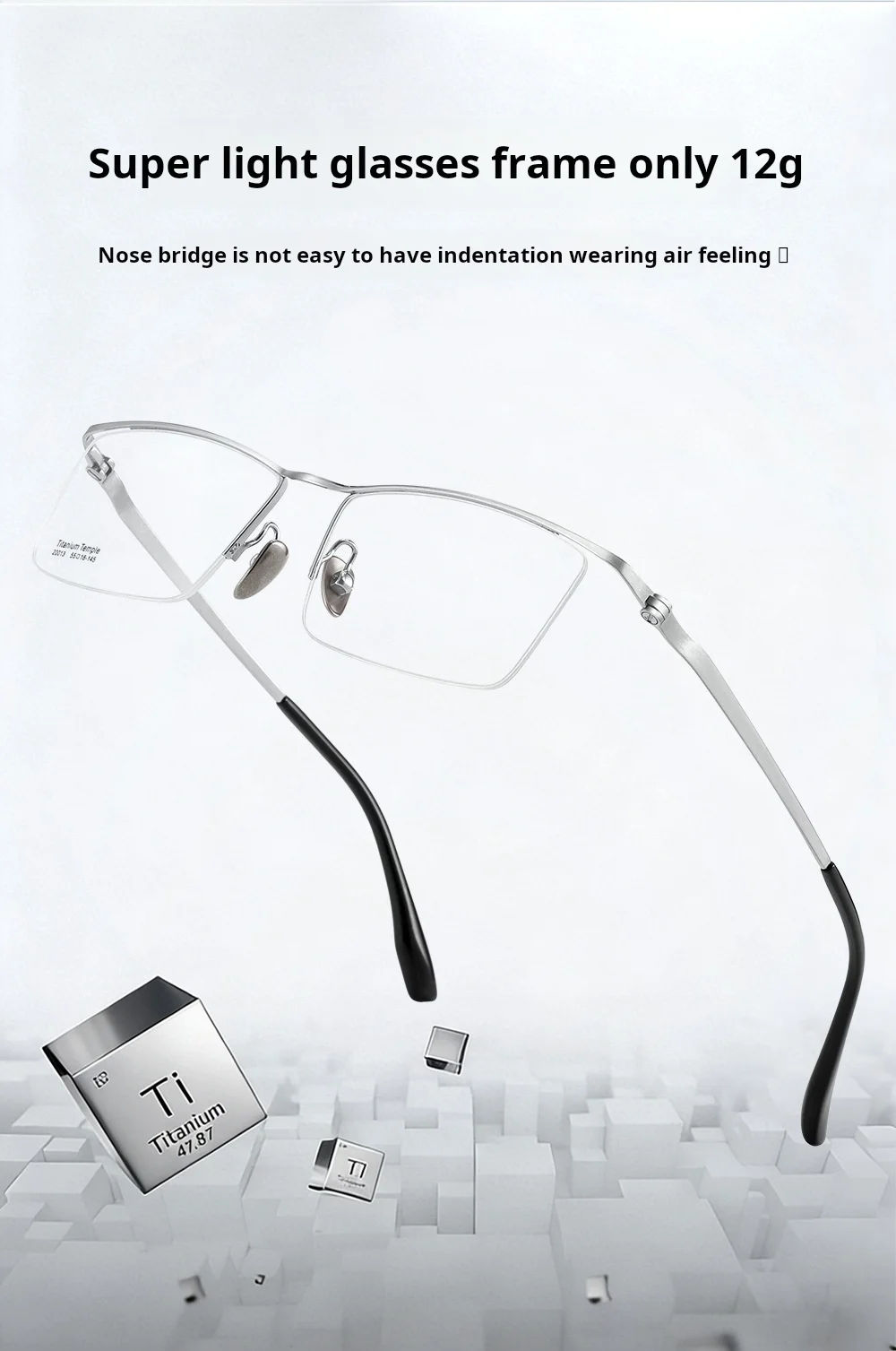 YIMARUILI Business-Halbrahmenbrille für Herren, ultraleicht, hochwertiges reines Titan, große Größe, einfacher quadratischer Brillenrahmen 20013 – Detail 3