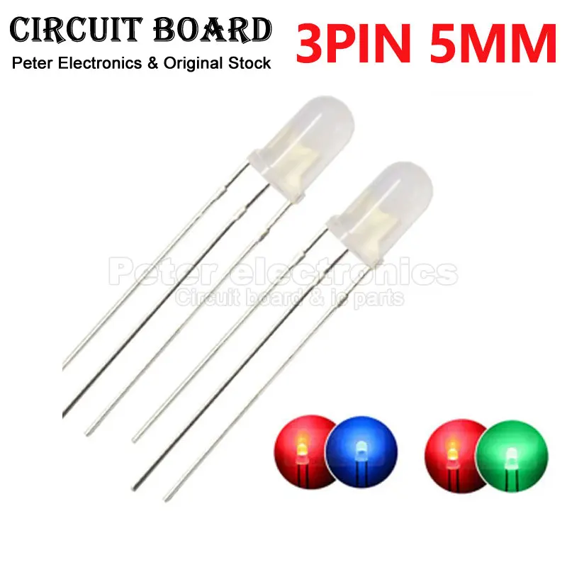 20pcs F5 5mm Flash Green Red Blue Bi-Color LED Light-Emitting-Diode 3-Pin Transparent Fog Cathode Anode Automatic Blinking DIY