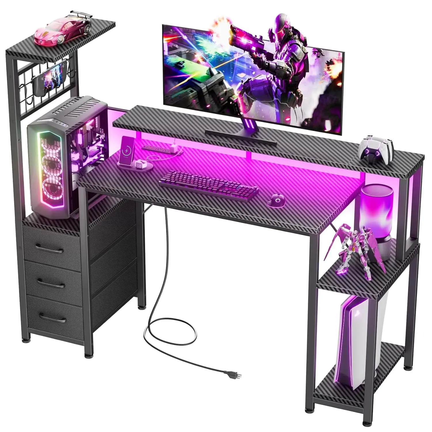 

48" Gaming Desk LED Power Outlets Drawer Hook Reversible Monitor Stand Game Home Office, Customized