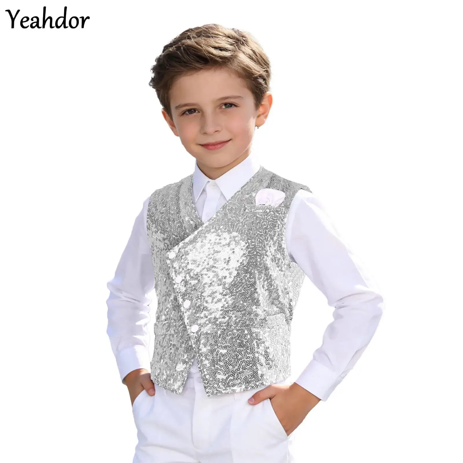 

Формальный костюм унисекс для мальчиков и девочек с блестящими пайетками, жилет, детский жилет для джазовых танцев в стиле хип-хоп, верхняя куртка, верхняя одежда, одежда для уличных танцев