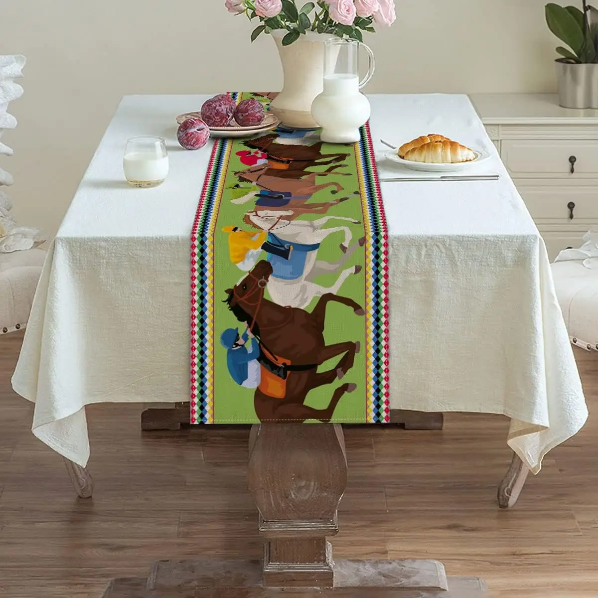 Horse Racing Party Linen Table Runner Holiday Dining Room Kitchen Home Decor Farmhouse Outdoor Picnic Coffe Dining Table Decor