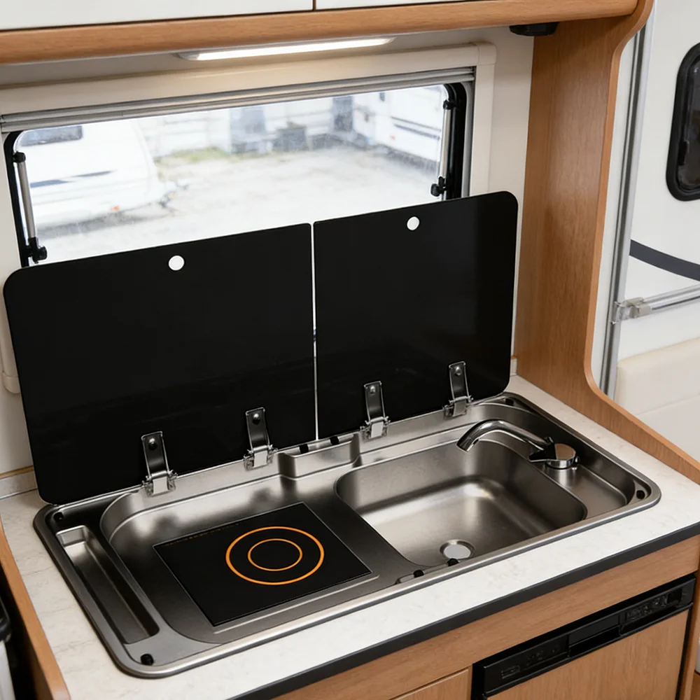 

JDA Black Nano-Coated SS304 RV Sink With Induction Cooker Stove, Durable Corrosion, Caravan Camper & Motorhome Use