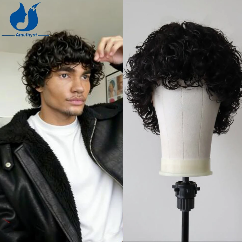 

Натуральный черный кудрявый короткий парик-пикси из аметистового цвета, полностью на кружевной основе, из мягкого бразильского человеческого волоса Реми для мужчин, с челкой, предварительно прорезанный.