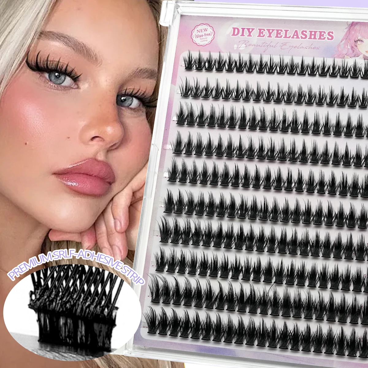 

10 rows of 200 clusters of self-adhesive false eyelashes, thick eyelashes, mixed lengths of 9-13mm, natural eyelash extension
