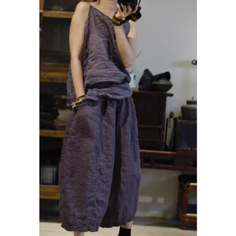 Pantaloni stile harem a gamba larga in ramie donna autunno nuovi pantaloni larghi al polpaccio taglie forti capris elastici con coulisse casual tinta unita